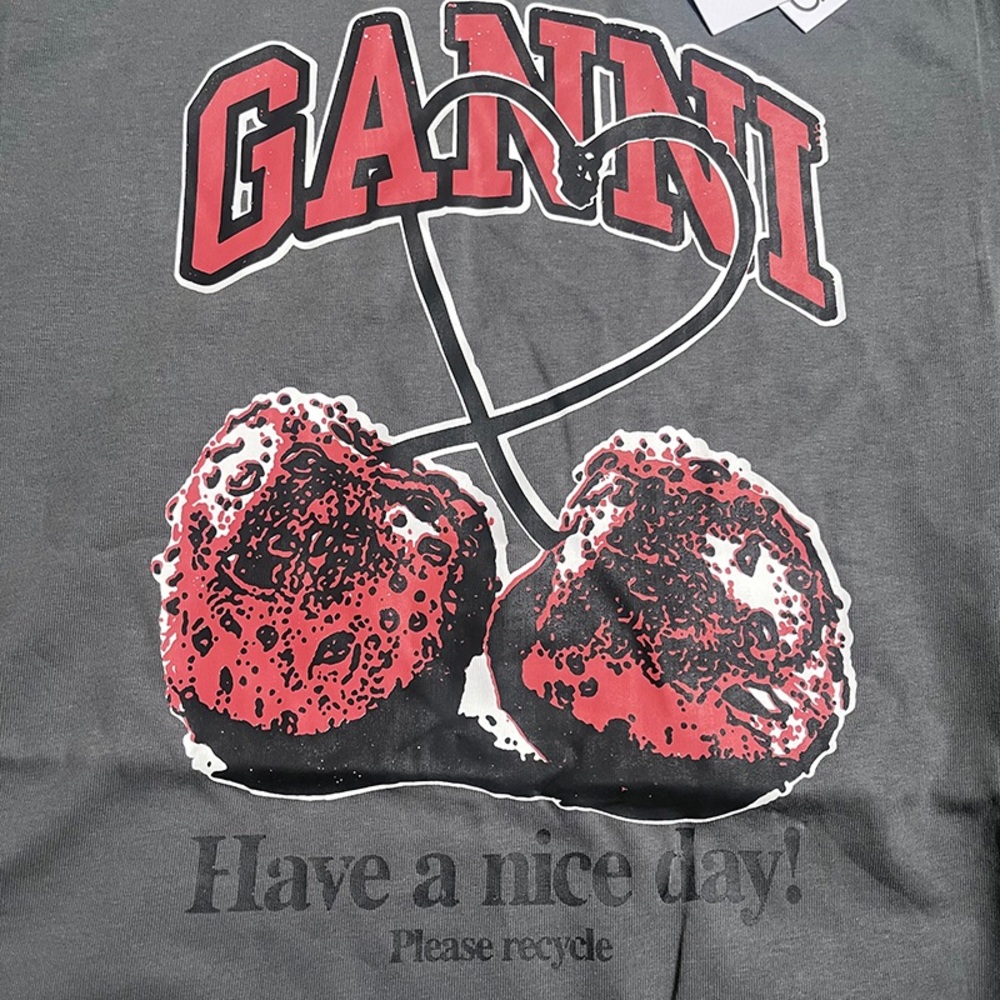 Ganni Charcoal Crewneck Logo Tee with Tag - Picture 3 of 5